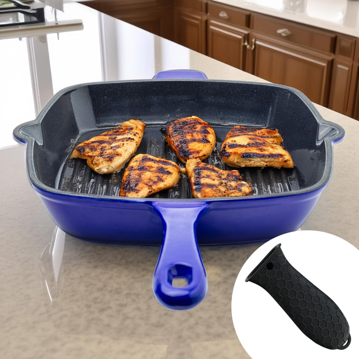 UMAI Cast Iron Grill Pan (25cm) | Enamel Coated Cast-Iron Non Stick Pan with Silicon Sleeve | Gas & Induction Cookware with Long Ergonomic Handle | Grill Tawa | Grill Pan Non Stick |