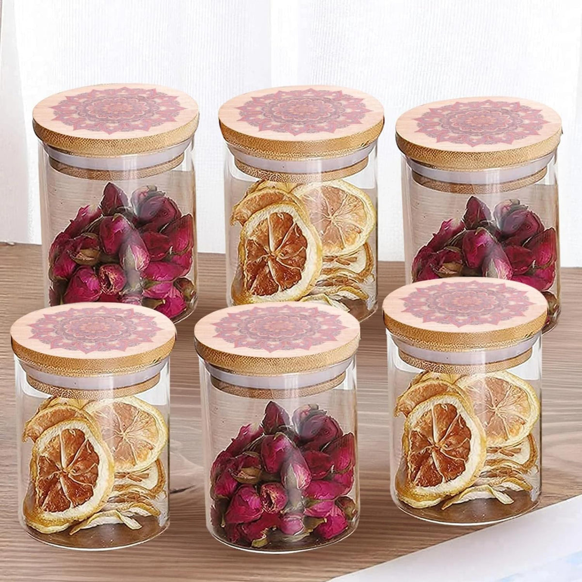 Ekhasa Airtight 100% Borosilicate Glass Jars with Printed Bamboo Lid (Set of 6, 300ml) | Glass Container for Kitchen Storage | Kitchen Containers Set Glass | Air Tight Glass Jar with Wooden Lid