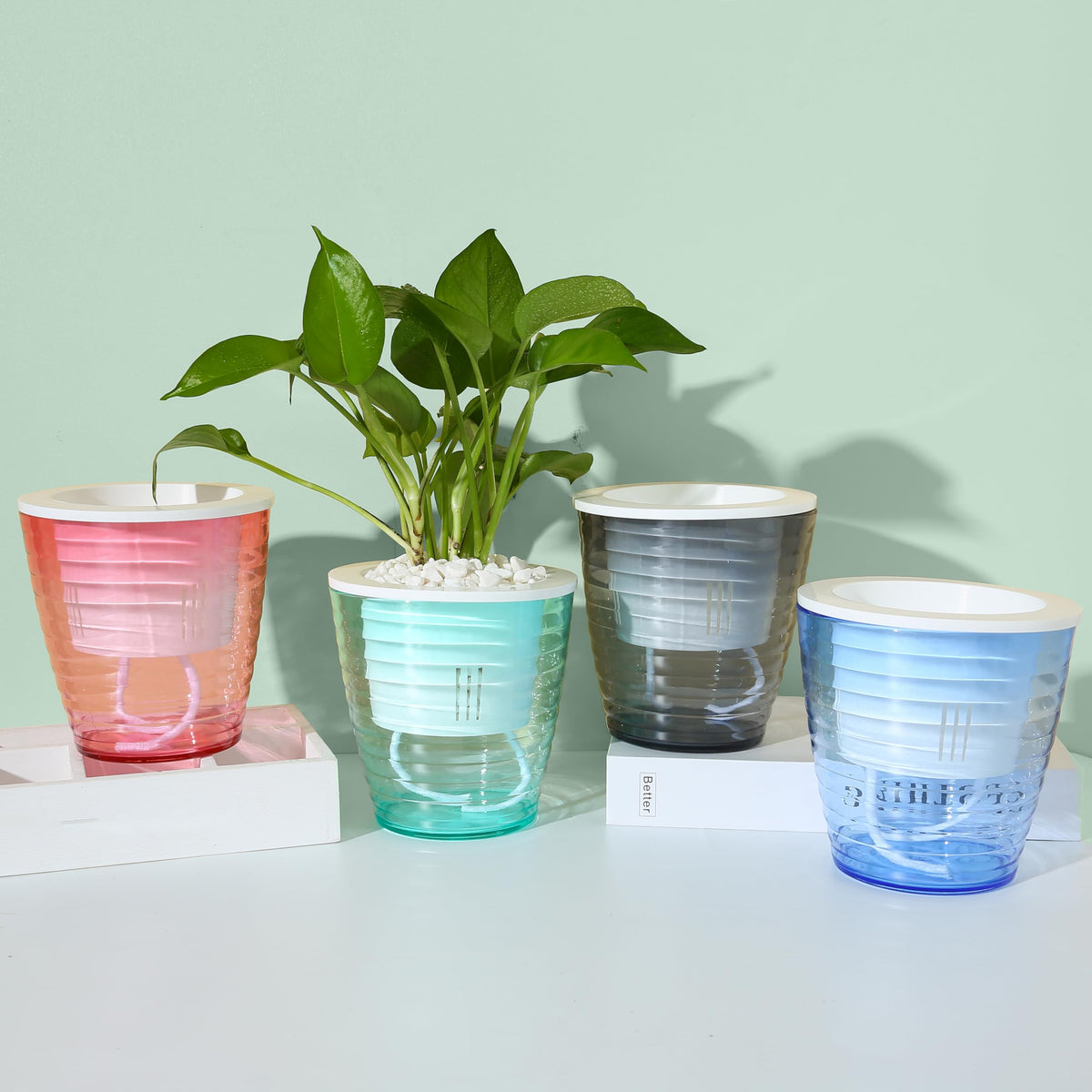 Ekhasa Self Watering Plants Pots (Set of 4) for Indoor, Garden, Balcony, Office Desk, Living Room, Bedroom, Table, Interior, Home Decor or for Gift (Pots only, No Plants Included with Purchase)