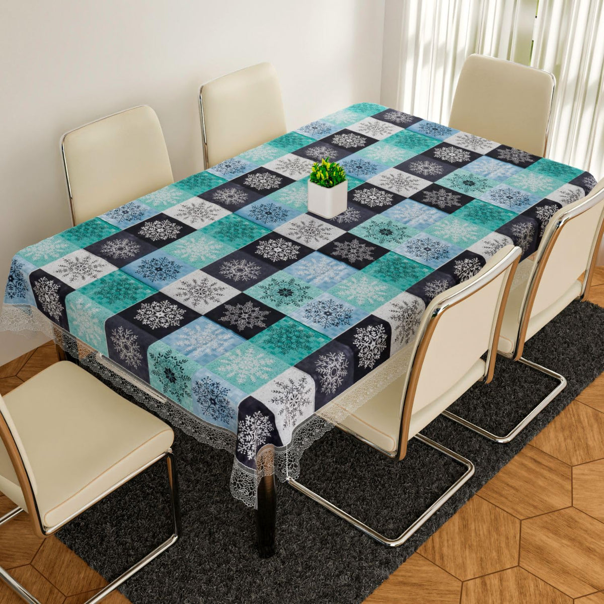 Kuber Industries Dining Table Cover | PVC Table Cloth Cover | 6-Seater Table Cloth | Table Protector Cover | Table Cover for Dining Table | Blue Star Table Cover | 60x90 Inch | DTC | Green