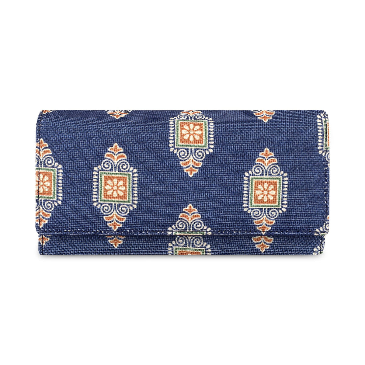 THE CLOWNFISH Charisma Collection Printed Handicraft Fabric & Faux Leather Womens Wallet Clutch Ladies Purse with Multiple Card Slots (Dark Blue)