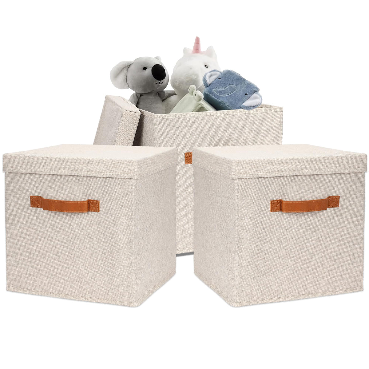 Anko Australia Foldable Storage Cube with Lid- Set of 3 | Sturdy Durable Fabric | Faux Leather Handles | Beige | Storage Box for Saree, Shirts, Woolens, Books, Toys | 11.8 x 11.8 x 11.8 Inch