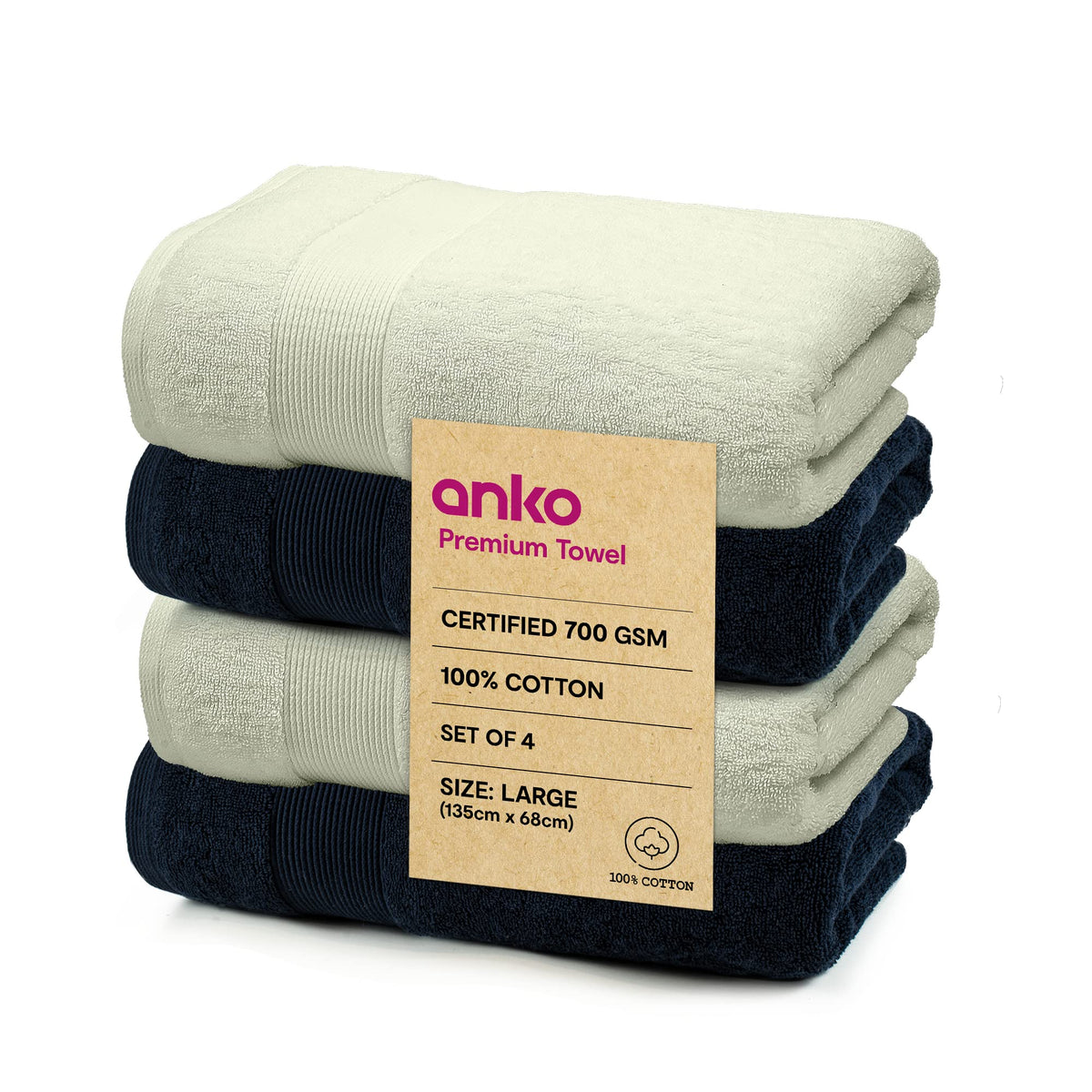 Anko Australia 100% Cotton 700 GSM Large Plush Bath Towel | Set of 4 | Super-Soft, Absorbent, Quick-Drying | Navy Blue & Moss Green Towel for Men, Women & Kids | 135x68 cm |Travel, Gym, Spa Towel