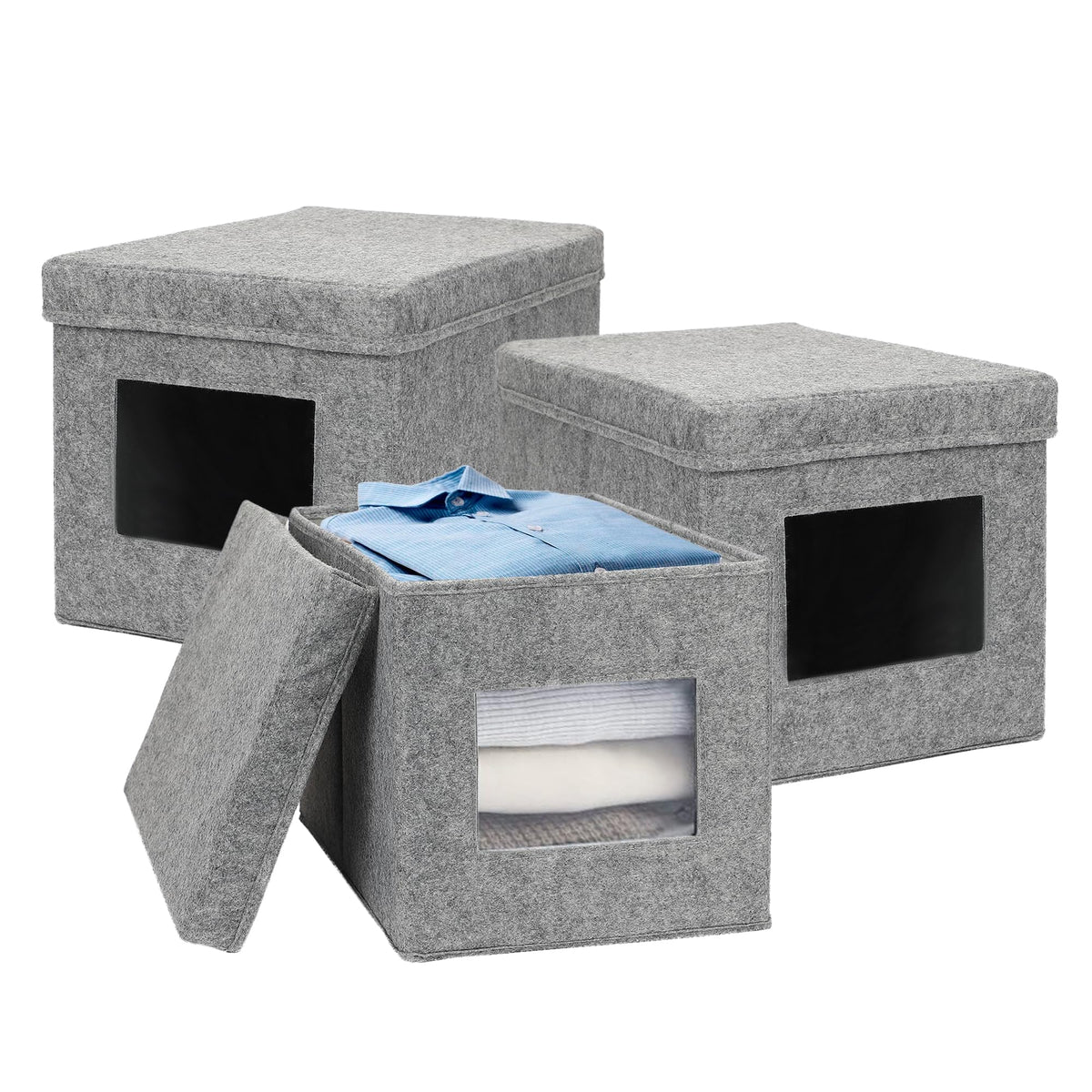 Anko Australia Foldable Storage Cube with Lid and View Window- Set of 3 | Sturdy Durable Felt Fabric | Grey | Storage Box for Saree, Shirts, Woolens, Books, Toys | 9.4 x 14.9 x 9.8 Inches