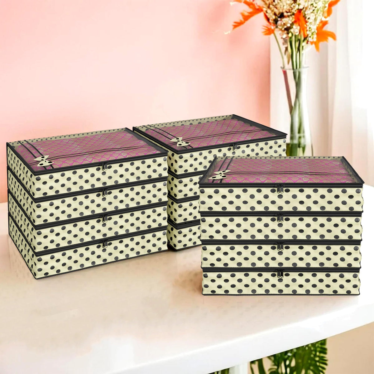 Kuber Industries Saree Cover | Clothes Storage Bag | Suit Packing Cover | Cloth Stoarge Organizer | Wardrobe Cloth Storage Organiser with Zip | Dot Bow-Design | 3 Inch | Pack of 12 | Cream