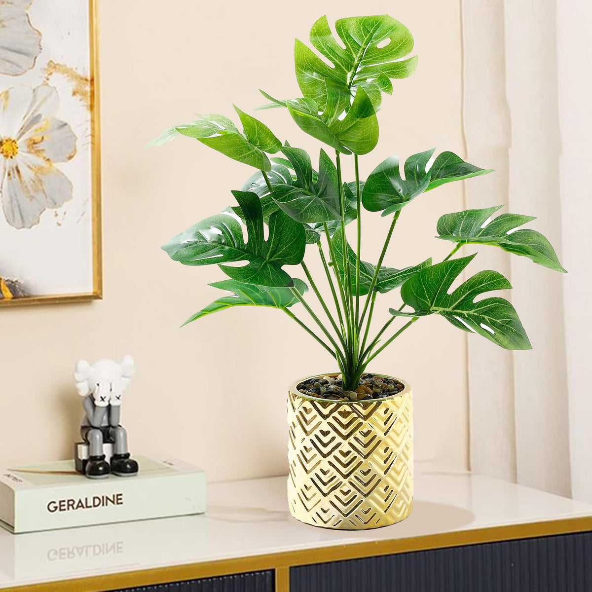 The Better Home Artificial Plants for Home Decor Items with Pot (37CM)| Green Leaves with Electroplated Cement Pot |Aesthetic Room Decor Items for Bedroom, Living Room |Office Table Accessories