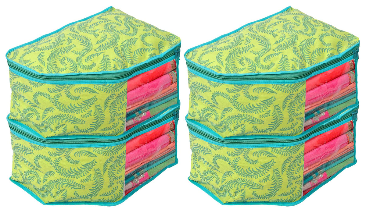 Kuber Industries Leaf Printed Non-Woven Blouse Cover/Organizer With Front Window- Pack of 4 (Green)-44KM0531