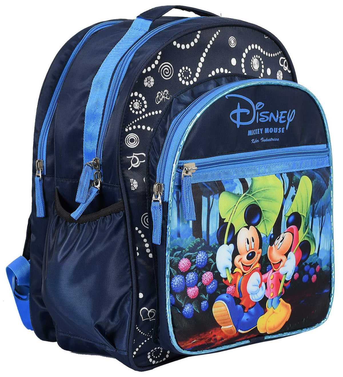 Heart Home School Bag For Girls, Boys|Disney Mickey & Minnie Print Kids School Bag|3 Compartment With Durable Zip (Blue)