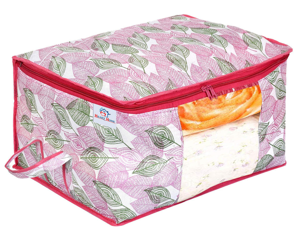 Heart Home Non-Woven Metalic Leafy Print Non Woven Underbed Storage Bag|Cloth Organiser|Blanket Cover With Transparent Window (Pink)-Hheart16613, Multicolor