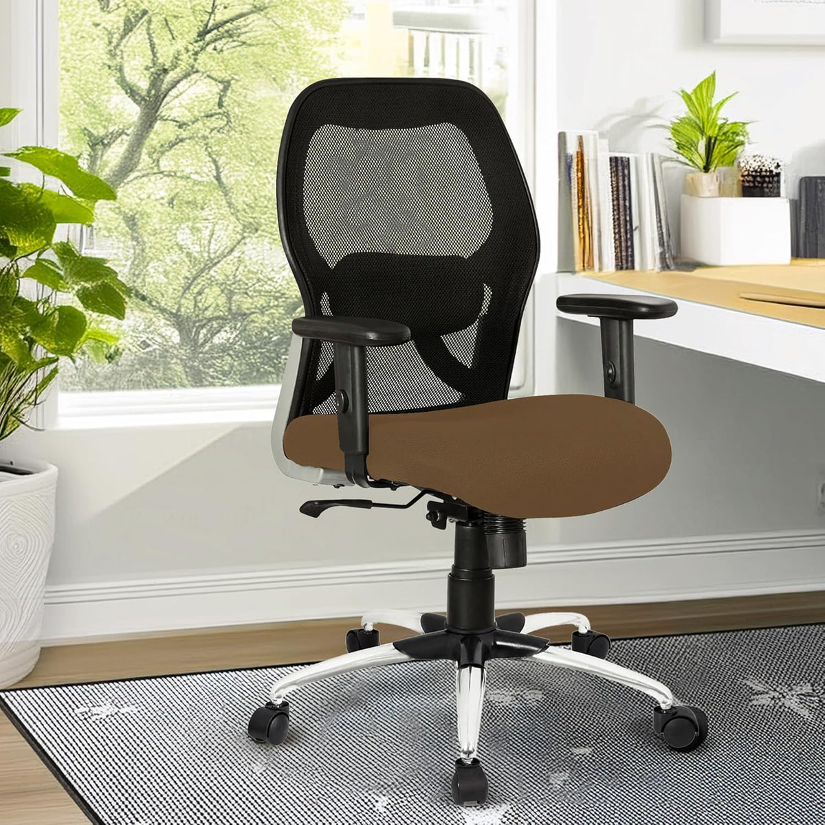 Kuber Industries Ergonomic Office Chairs for Work from Home with Meshback | Comes with Manual Height Adjustable Armrest & 2D Lumbar Support | Comfy Chair for Students with Wheels | Black & Brown Seat