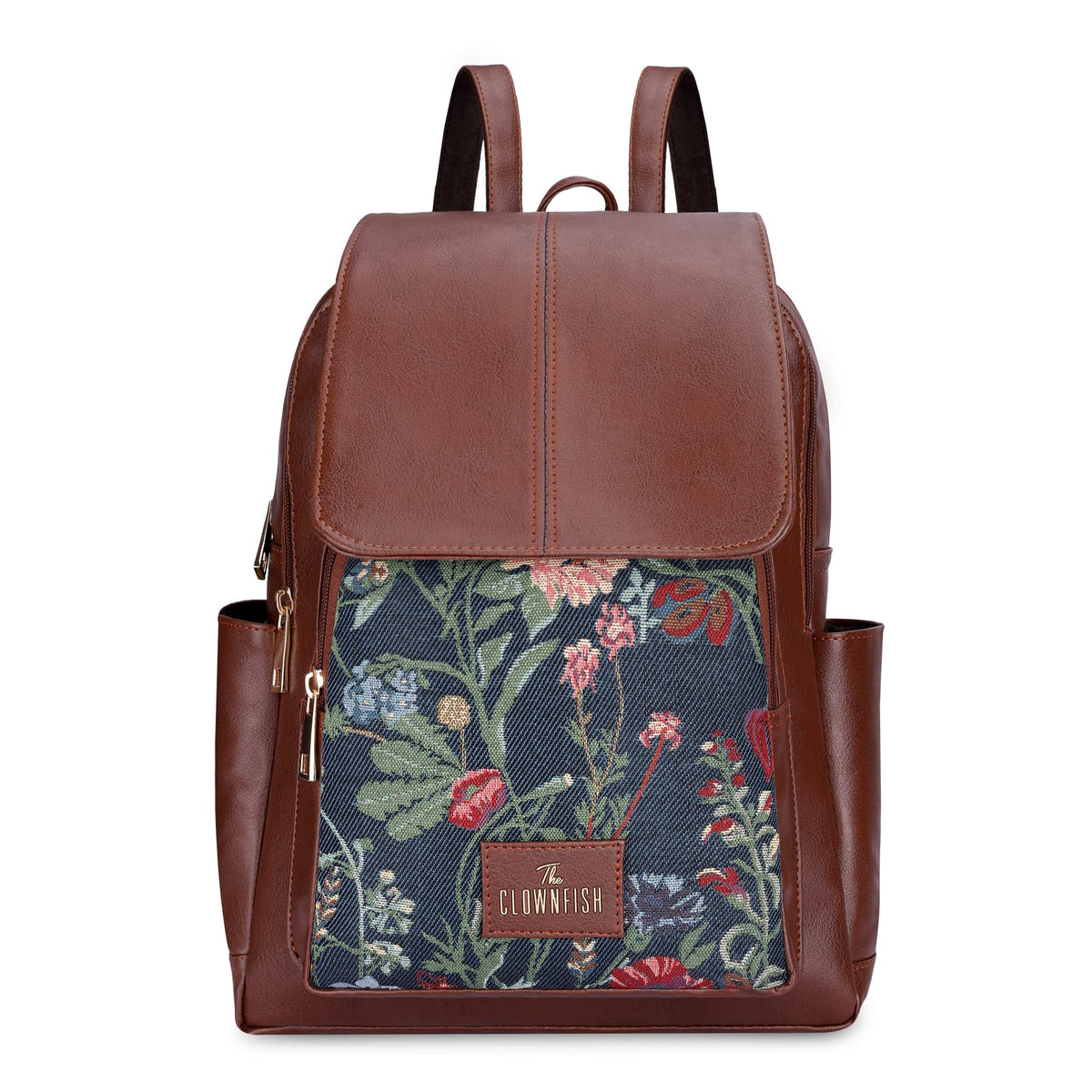 THE CLOWNFISH Minerva Faux Leather & Tapestry Women's Standard Backpack College School Bag Casual Travel Standard Backpack For Ladies Girls (Navyblue- Floral), 10 Litre