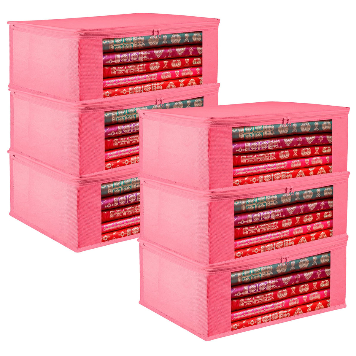 Heart Home Saree Cover | Clothes Storage Bag | Storage Organizer Bag | Zip Closure Saree Cover | Wardrobe Organizer | Plain Transparent Window Saree Cover | 6 Inch | Pack of 6 | Pink