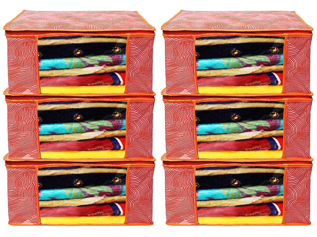 Kuber Industries Lahariya Design Non-woven Sarees, Clothes Cover/Organizer With Transparent Window- Pack of 6 (Orange)-44KM0380