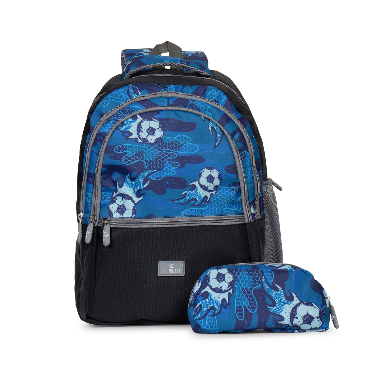 The Clownfish Edutrek Series Printed Polyester 33.5 L School Backpack with Pencil/Stationery Pouch School Bag Zip Pocket Daypack Picnic Bag For School Going Boys & Girls Age-10+ years(Blue - Football)