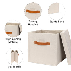 Anko Australia Foldable Storage Cube with Lid- Set of 2 | Sturdy Durable Fabric | Faux Leather Handles | Beige | Storage Box for Saree, Shirts, Woolens, Books, Toys | 11.8 x 11.8 x 11.8 Inch