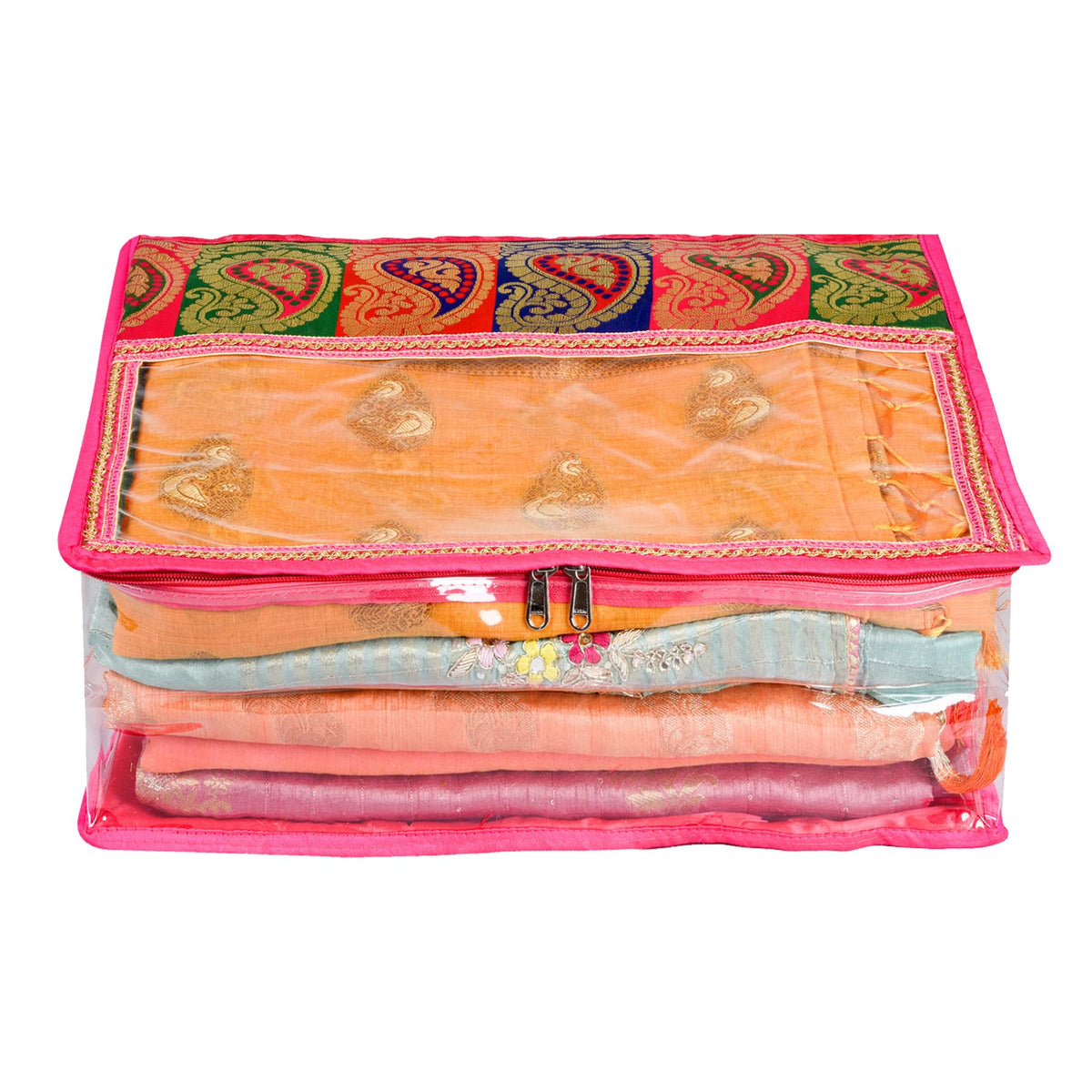 Kuber Industries Saree Cover | Clothes Storage Bag | Storage Organizer Bag | Zip Closure Saree Cover | Wardrobe Organizer | Carry Half Lace Transparent Saree Cover | 6 Inch | Pink