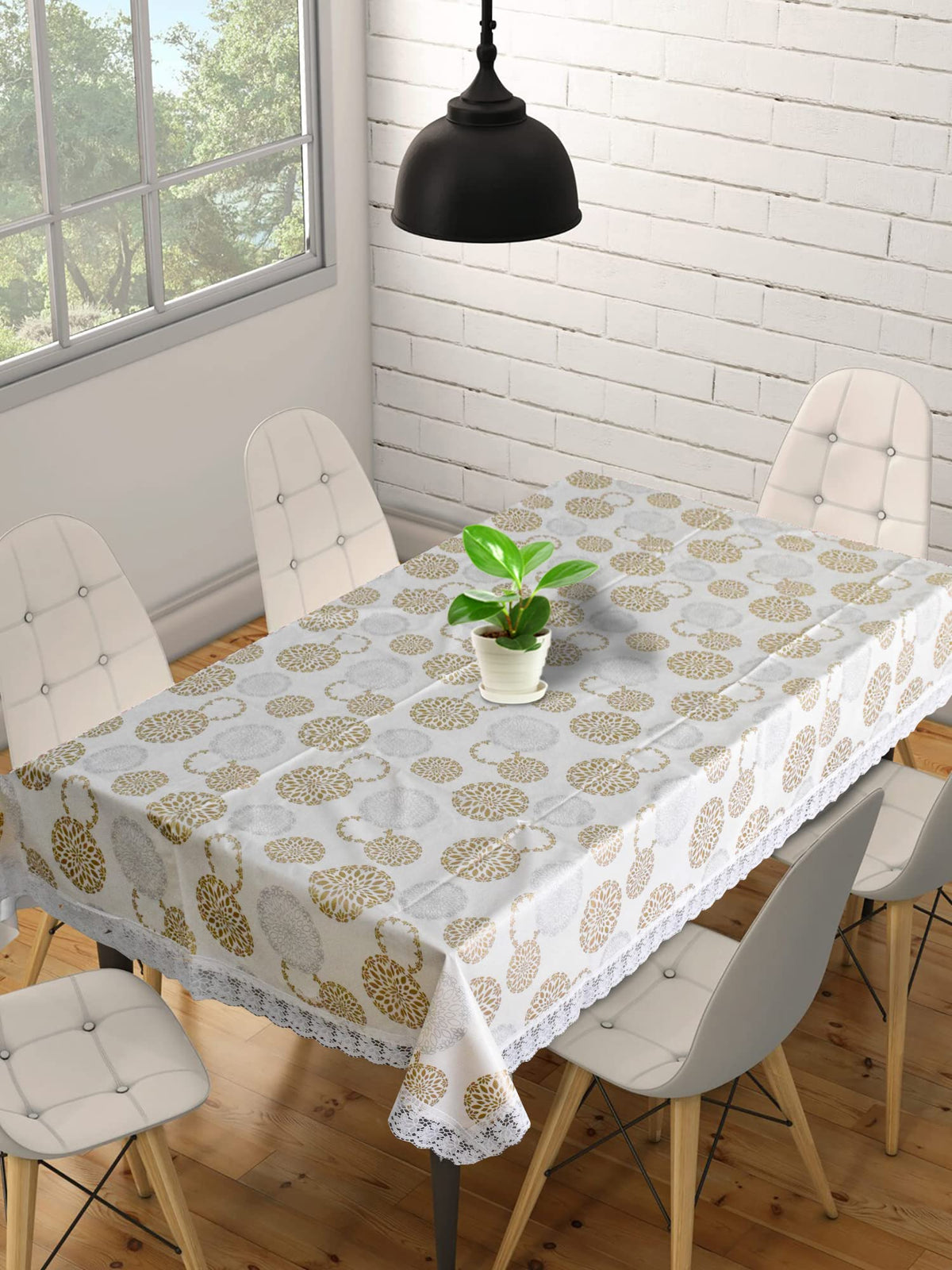 Kuber Industries Rangoli Print Table Cloth 6 Seater|Waterproof Dining Table Cover 6 Seater|Table Protector For Indoor & Outdoor "90x60" (Cream)