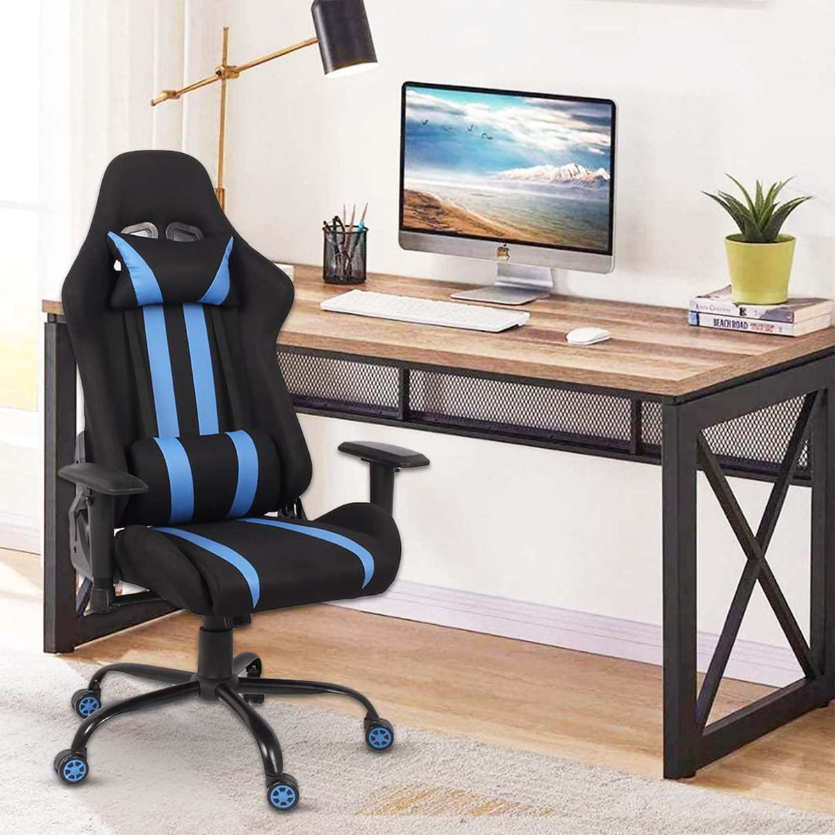 Kuber Industries Ergonomic Office Chairs for Work from Home | Comes with Manual Height Adjustable, Armrest, Headrest & 2D Lumbar Support | Comfy Study Chair for Students with Wheels | Black & Blue