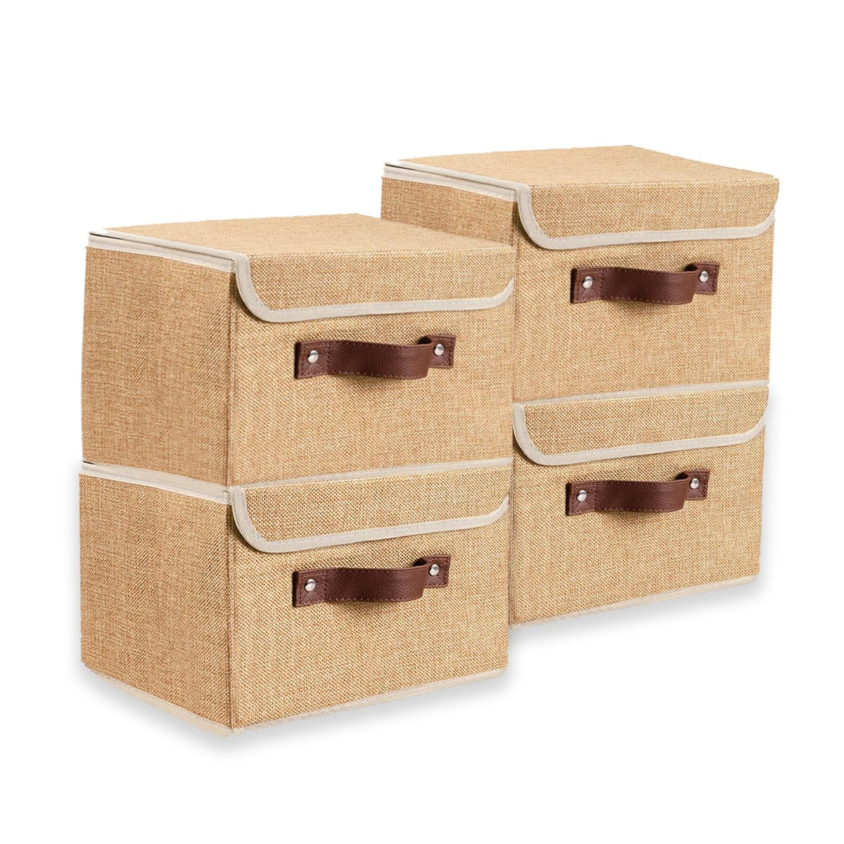 Kuber Industries Pack of 4 Large Storage Box With Lid|Foldable Toys Storage Bin|Wardrobe Organizer For clothes|Front Handle & Sturdy (Khadi)