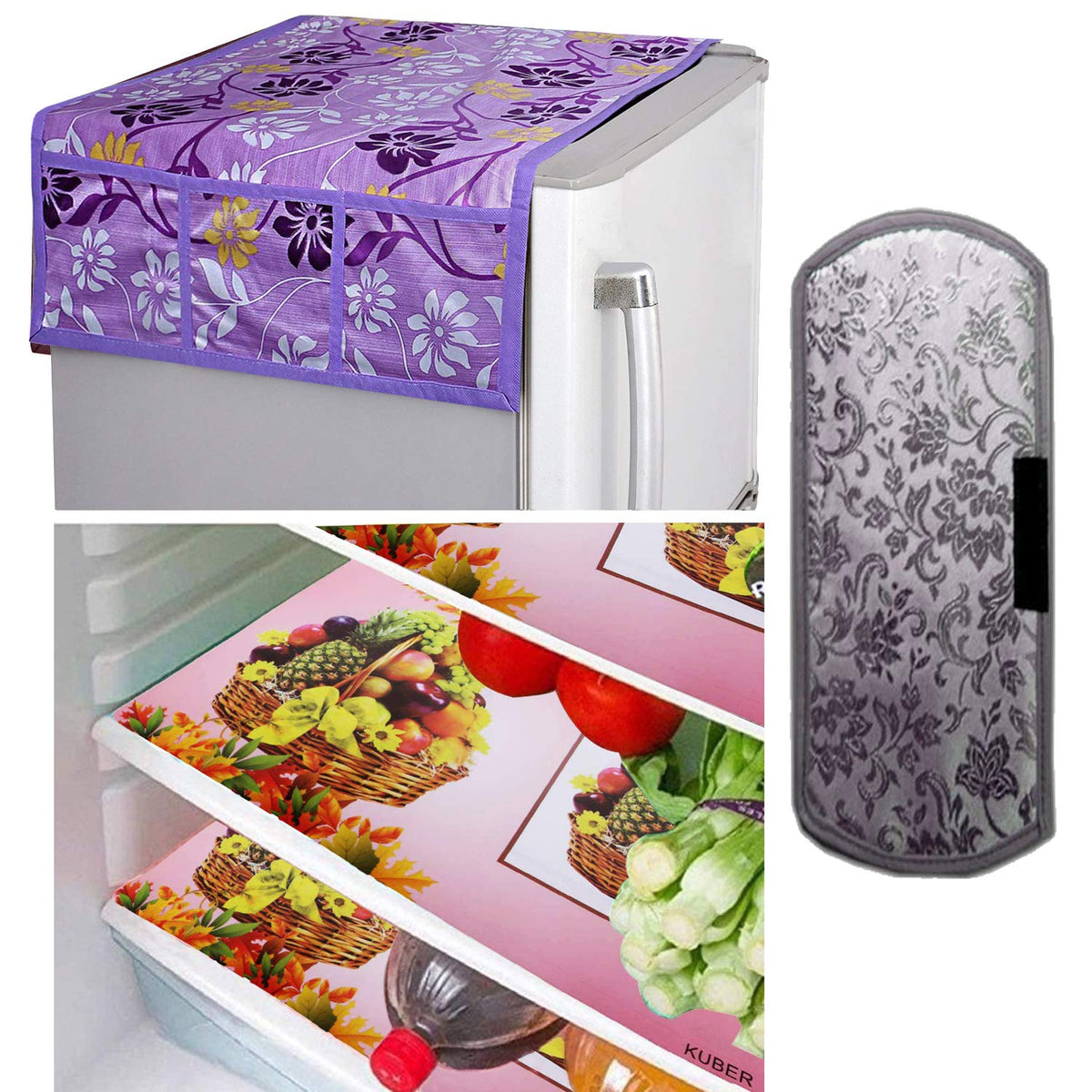 Kuber Industries PVC 3 Pieces Fridge Mats, 1 Piece Handle Cover and 1 Piece Fridge Top Cover (Purple)-CTKTC30507