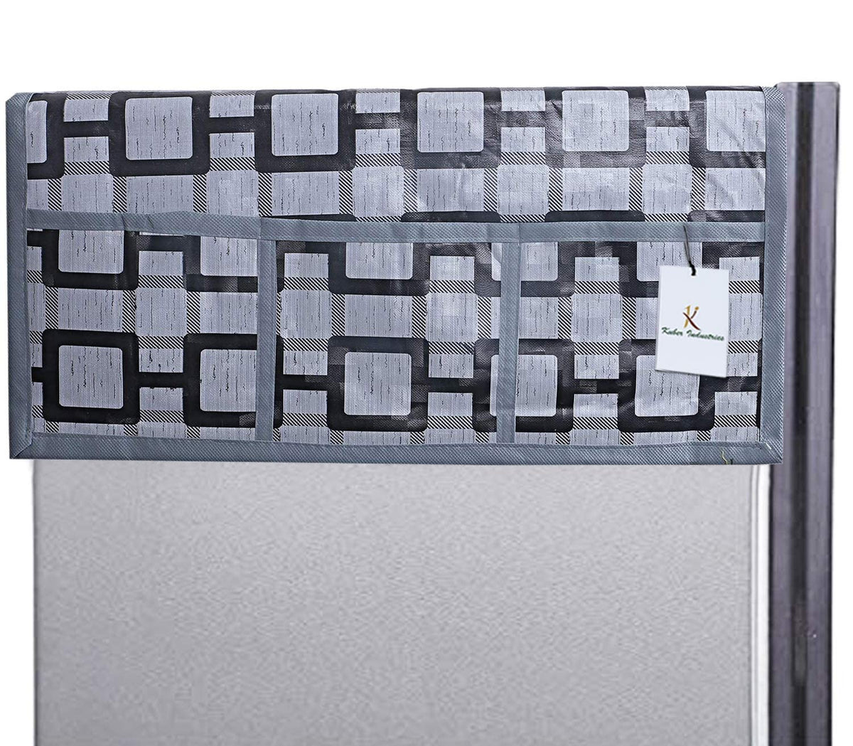 Kuber Industries Fridge Top Cover|PVC Dustproof Decorative Refrigerator Cover|Geometric Pattern with 6 Utility Pockets (Gray)