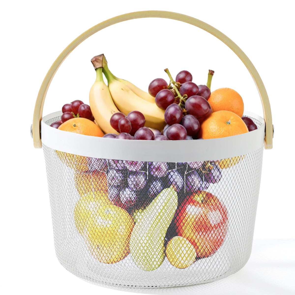 UMAI Round Metal Mesh Basket for Storage with wooden handle | 400 Gm |Fruit Basket and Vegetable Basket for Kitchen | Baskets for Organizing Home and Kitchen | Multipurpose | White