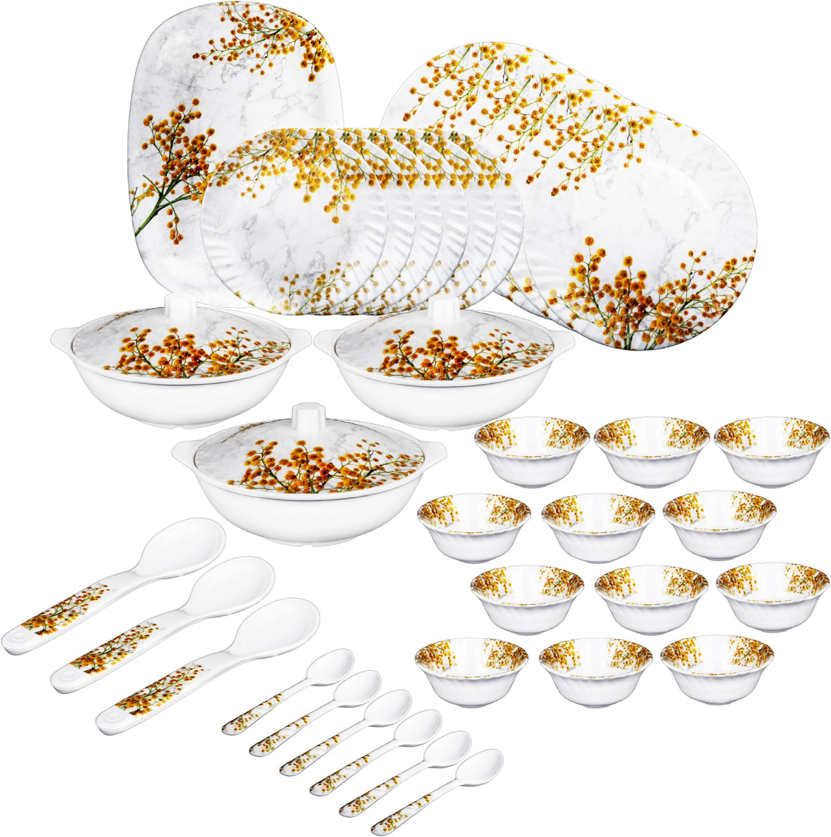 Thermador Melamine 40 Pcs Dinner Set | Crockery Set |6 Dinner Plates, 6 Small Plates, 1 Serving Tray, 3 Big Serving Bowls with Lid, 12 Small Bowls, 6 Spoons, 3 Serving Spoons (White Orange Multicolor)