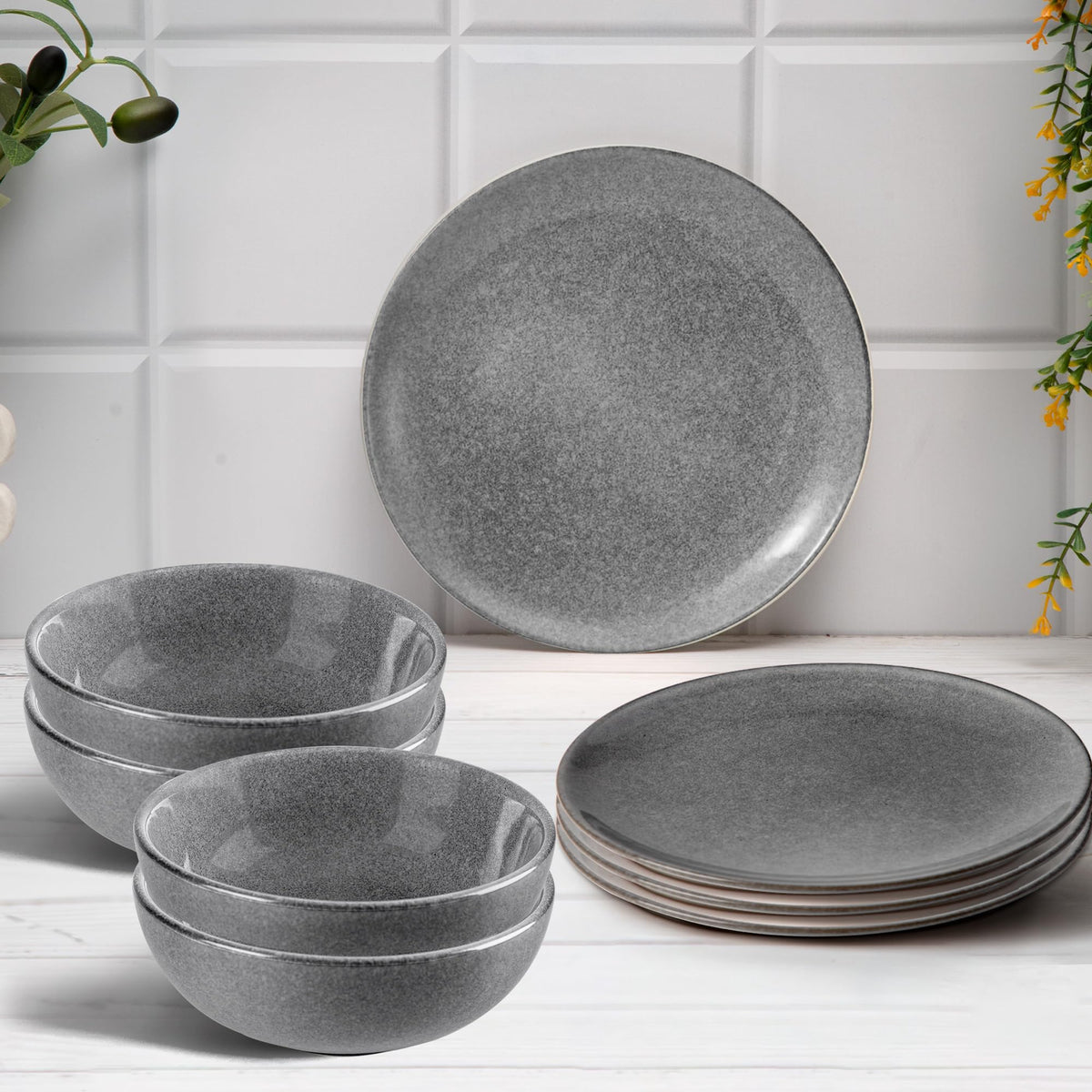 Anko Glazed Stoneware 8 pcs Dinner Set | Light-Weight Premium Crockery for Dining Table, Home, Restaurant, Gifting | Aesthetic Tableware Service Set for 4 | 4 Bowls (6"), 4 Side Plates (7"), Grey