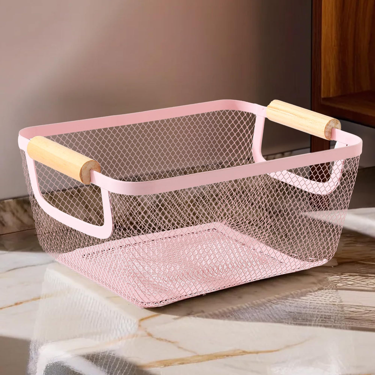 UMAI Rectangular Metal Mesh basket for storage with wooden handle | 360 Gm | Fruit basket & Vegetable basket for kitchen | Home Decor Items | Pack of 2 | Pink | Organisers Storage Box