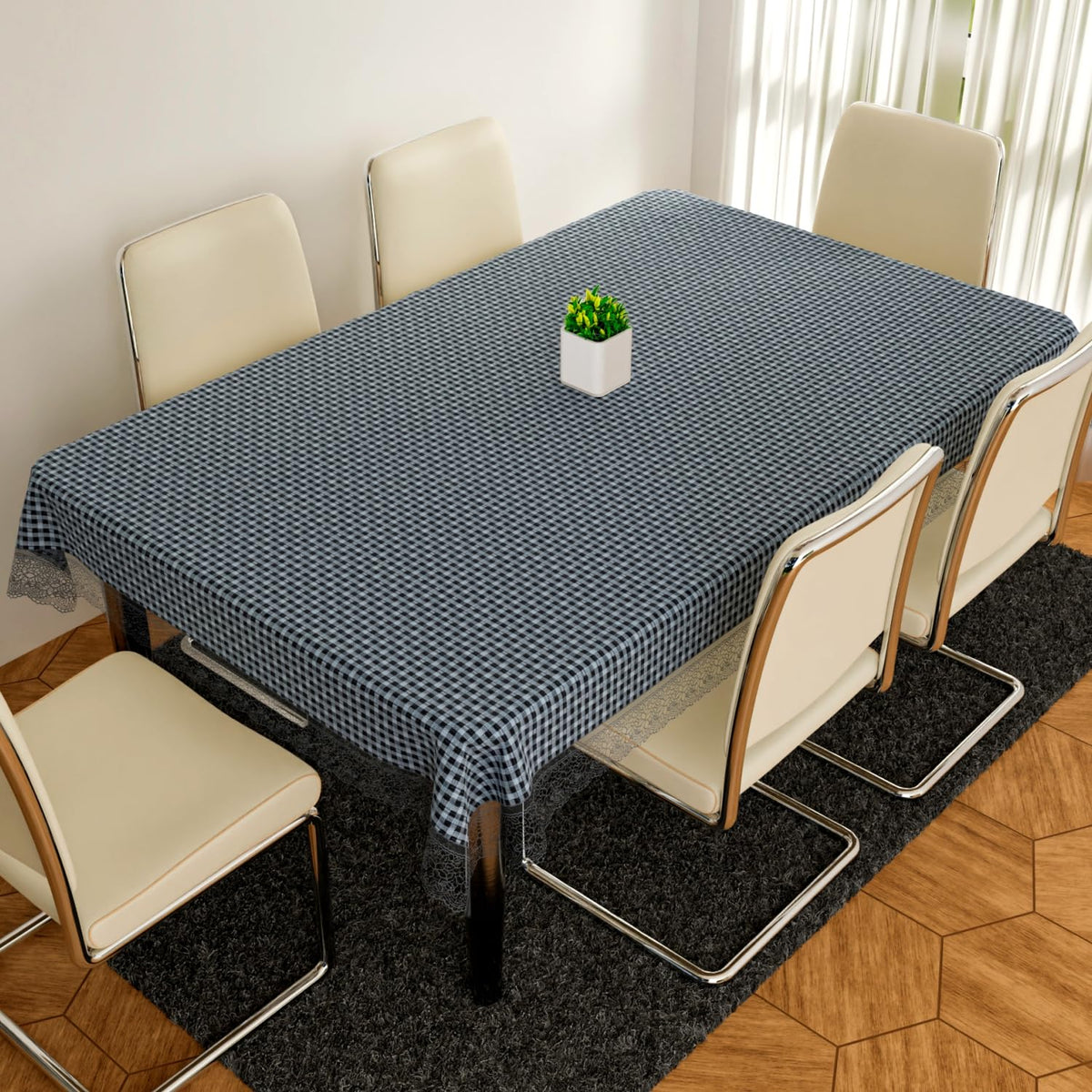 Kuber industries Dining Table Cover | PVC Table Cloth Cover | 6-Seater Table Cloth | Table Protector Cover | Table Cover for Dining Table | Barik Check Table Cover | 60x90 Inch | DTC | Gray