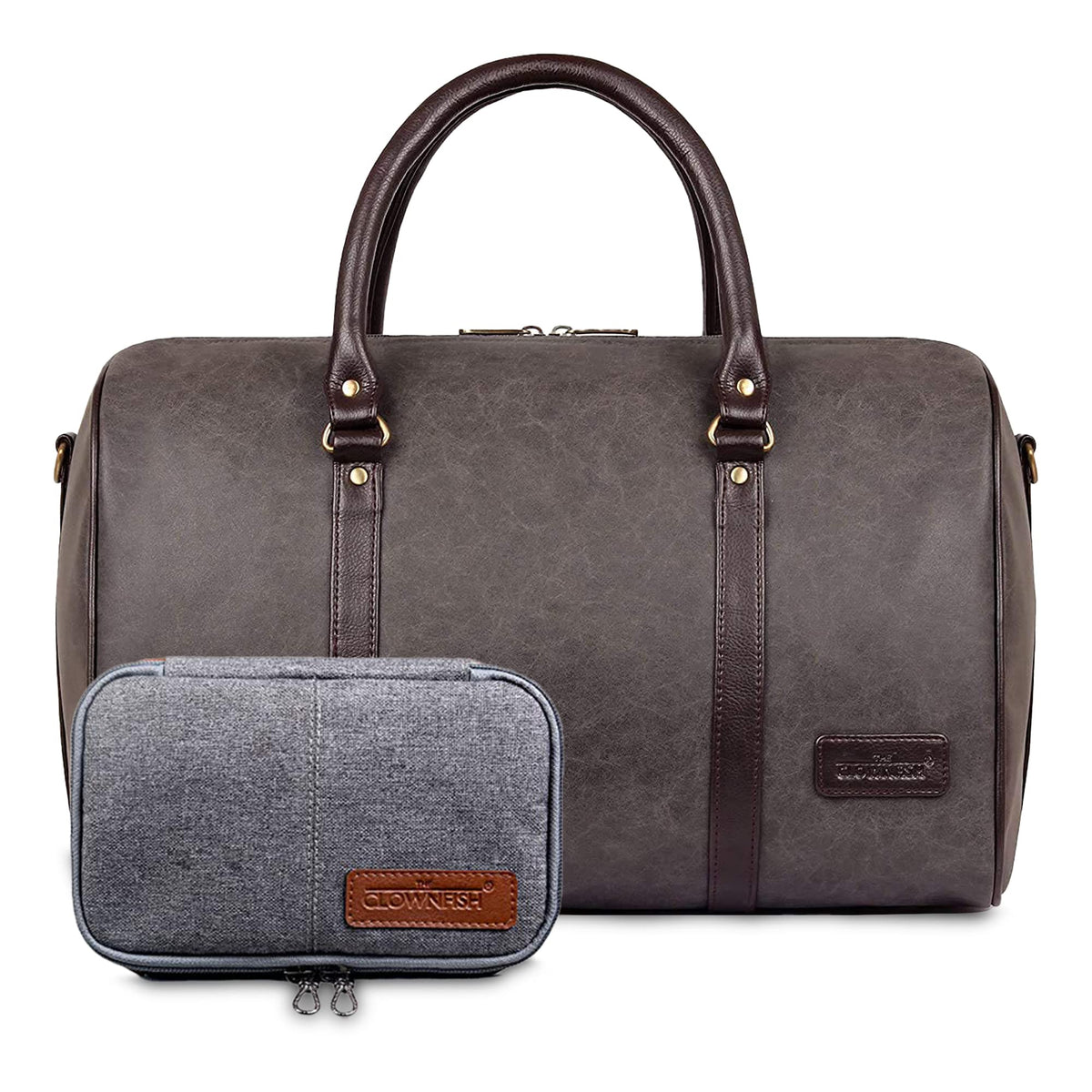 The Clownfish Combo of Lincoln Vegan Leather 29 L Travel Duffel Bag (Ash Grey) & The Clownfish Travel Pouch Toiletry Bag (Grey)