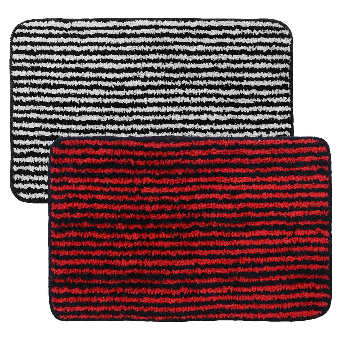 Homestic Super Soft Door mat|Microfiber Anti-Slip Water Absorbant Fluffy Floor Mat|Entrance Mat for Kitchen,Bedside,Door,Living Room,60x40 cm,Pack of 2|Black and Red Stripes