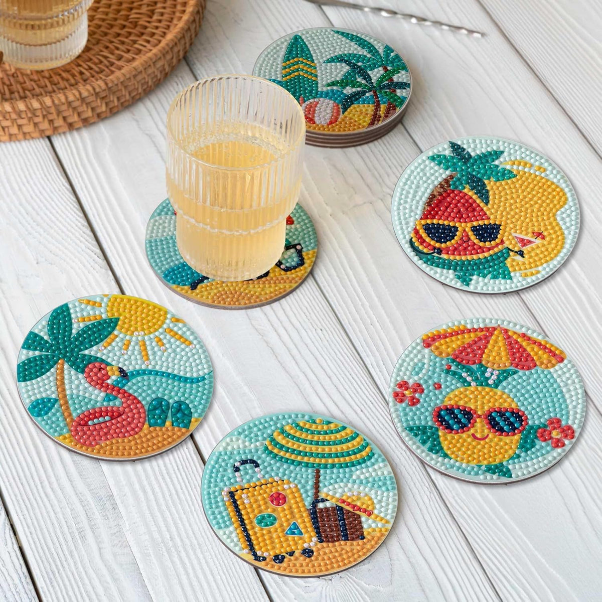 Ekhasa DIY Coffee Tea Coasters Set of 6 with Acrylic Beads & Holder | Coasters for Dining Table for Hot Pots | Table Coasters Decorative Items for Home Decoration | Cup Cover Lid for Glass, Cup