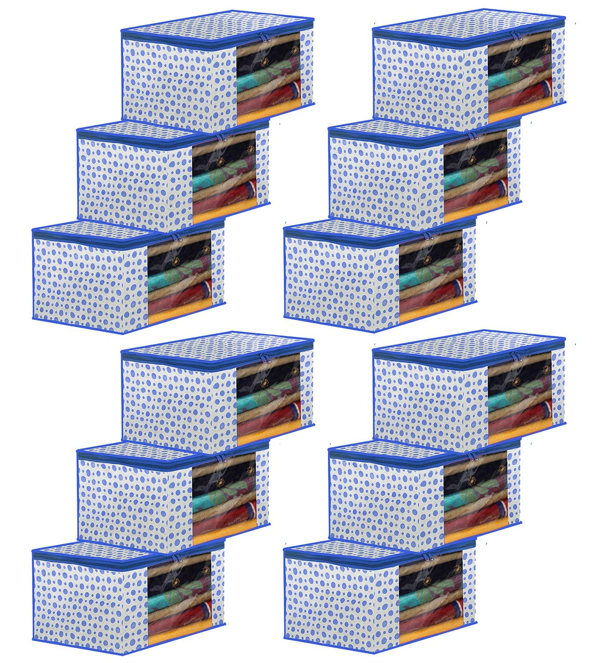 Kuber Industries Dot Printed Non-Woven Saree Cover, Cloth Organizer, Wardrobe Organiser With Tranasparent Window- Pack of 12 (Blue)-46KM0504