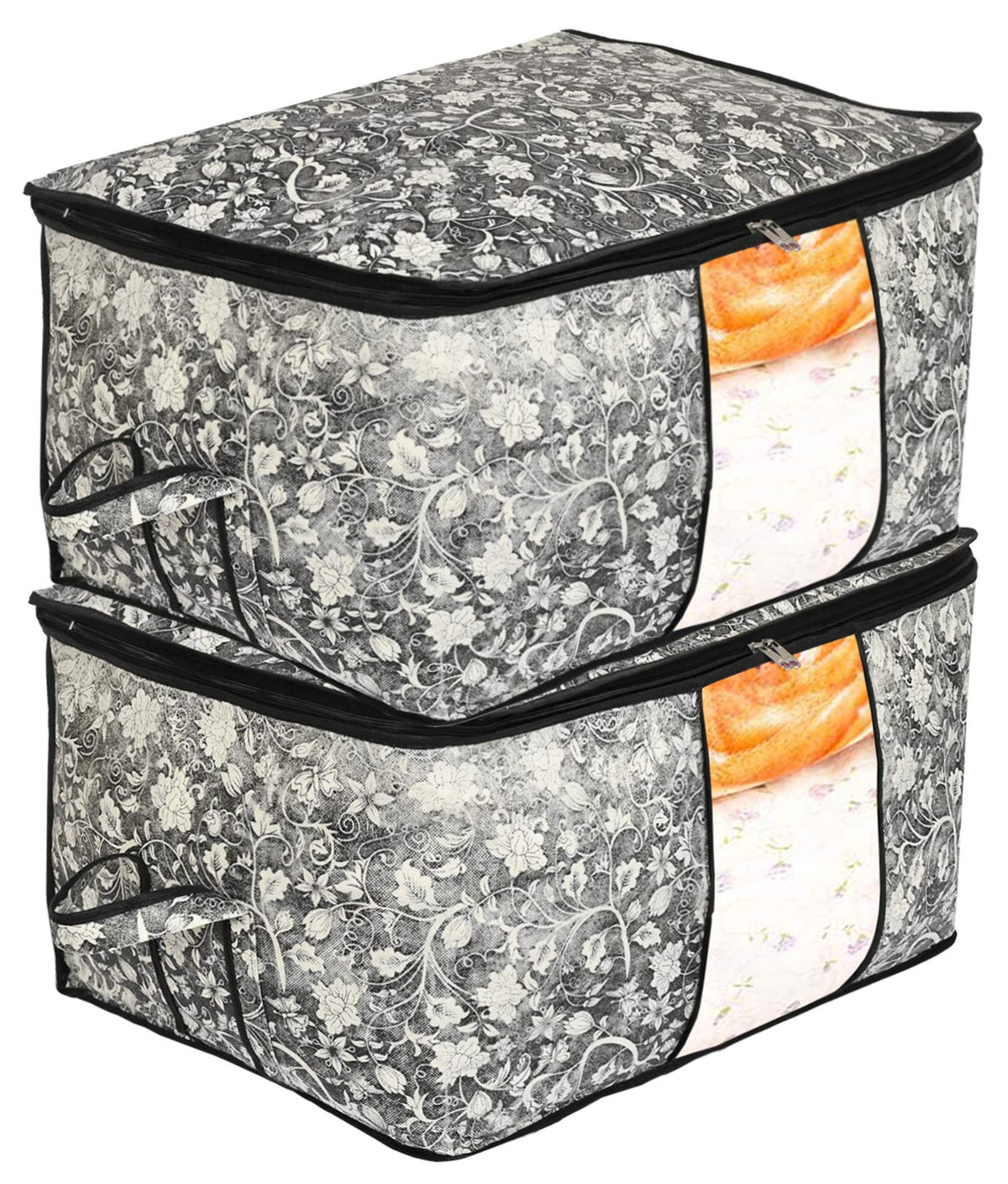 Kuber Industries Metalic Flower Print Non Woven 2 Pieces Underbed Storage Bag,Cloth Organiser,Blanket Cover with Transparent Window (Black)-KUBMART16599