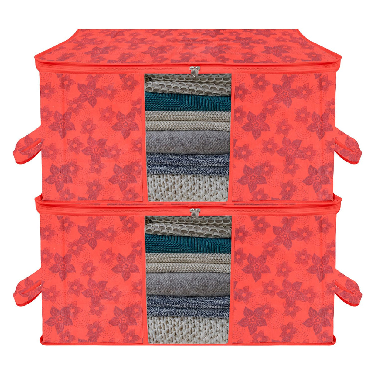 Heart Home Underbed Storage Bag | Clothes Storage Organizer | Blanket Cover with Clear Window | Zipper Closure & Handle Cloth Organizer | New Flower-Design | Large | Pack of 2 | Red