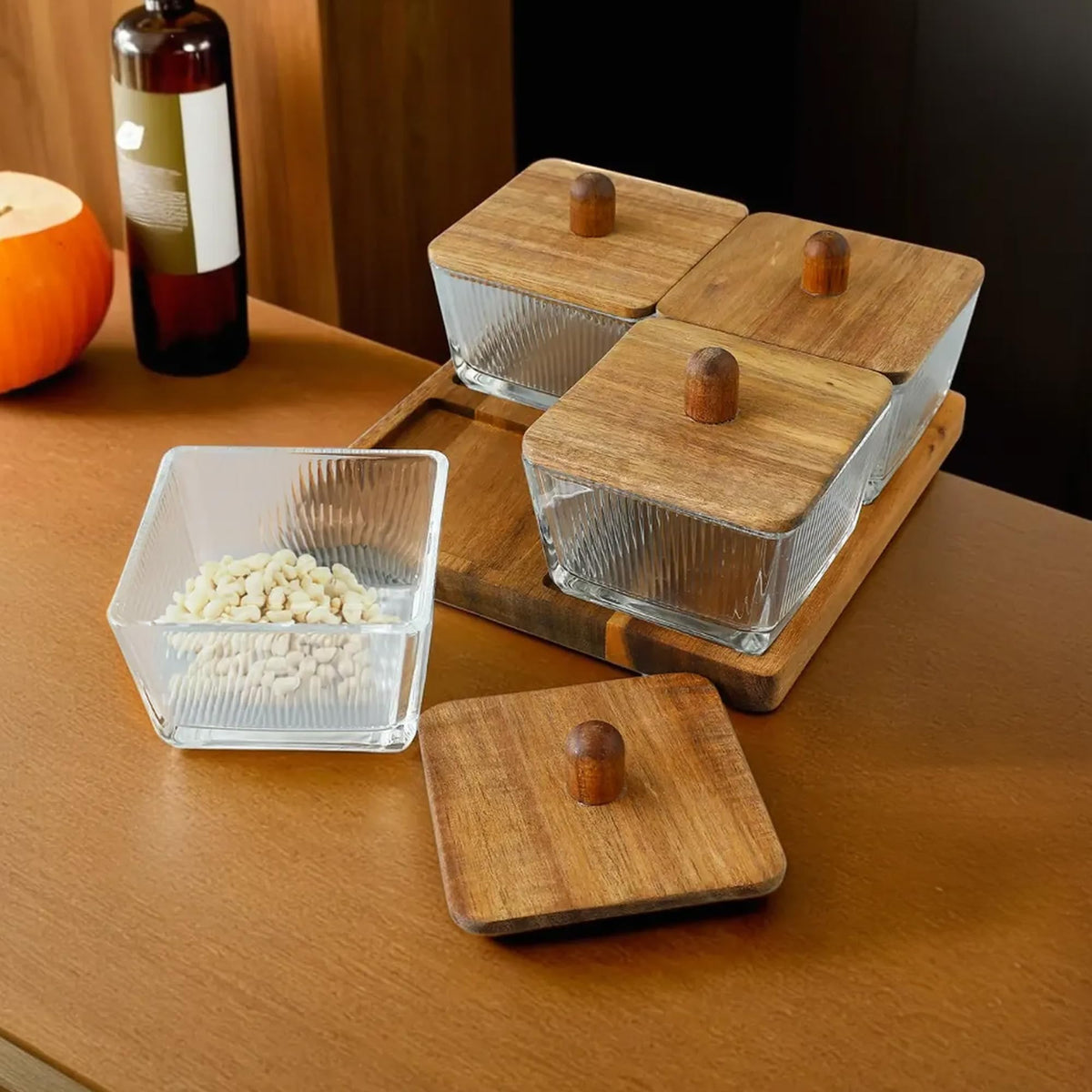 UMAI Platters Serving Set for Snacks with Wooden Tray & 4 Jars (220ml Each) | Premium Soda Lime Glass | Snacks Serving Bowls with Tray | Serving Tray with Bowls for Snacks