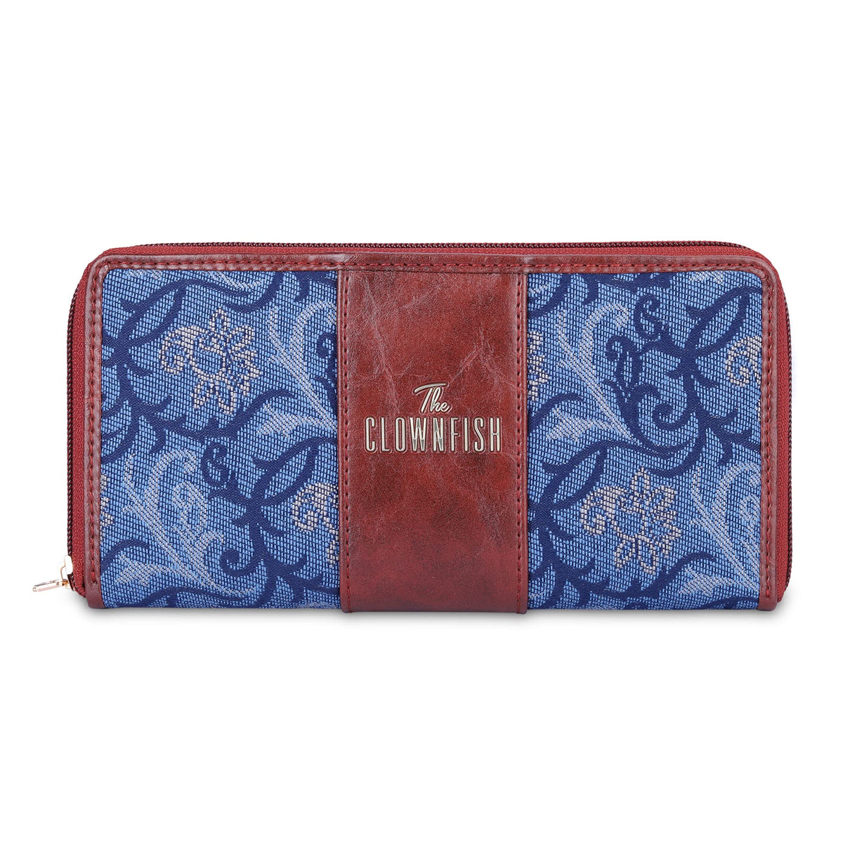 The Clownfish Aria Collection Tapestry Fabric & Faux Leather Zip Around Style Womens Wallet Clutch Ladies Purse with Card Holders (Blue- Floral)