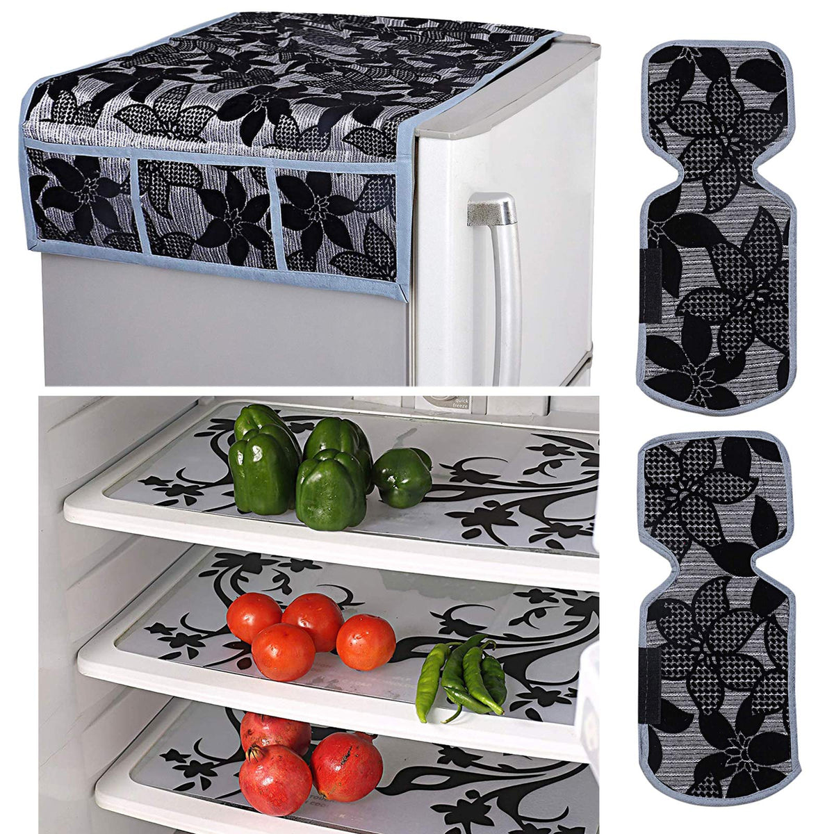 Kuber Industries Floral Design Combo PVC 3 Pieces Fridge Mats, 2 Piece Handle Cover and 1 Piece Fridge Top Cover(Black)