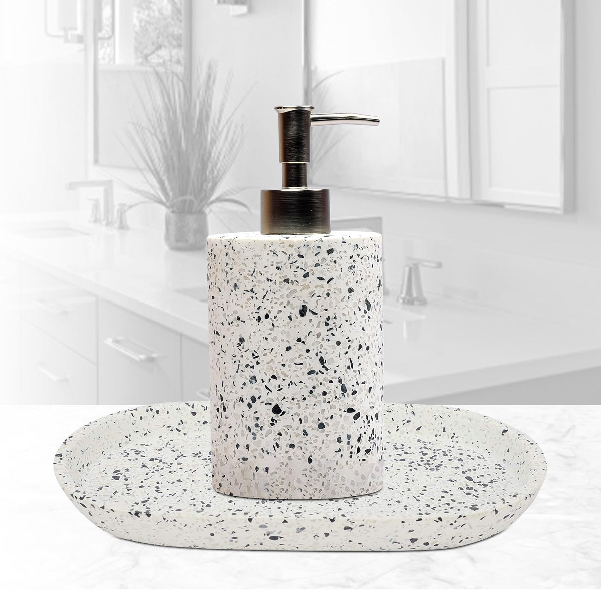 Anko Terrazzo Stoneware Tray & Liquid Soap Dispenser (400mL) Set for Bathroom | Rust-Proof, Leak-Proof, Easy to Clean | Bathroom Sanitizer, Lotion, Shampoo Dispenser | Bathroom Accessories Set