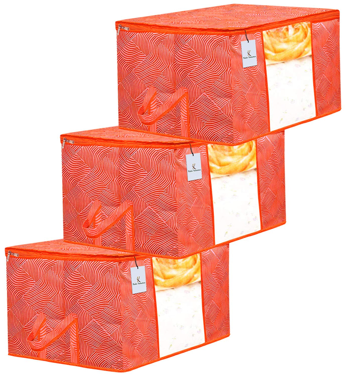 Kuber Industries Laheriya Design Non Woven Underbed Bag|Storage Organiser|Blanket Cover with Transparent Window|Storage Bag For Clothes Large|Pack of 3 (Orange)