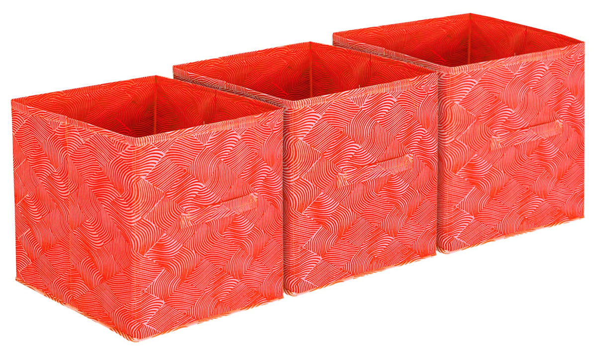 Kuber Industries Laheriya Print Non Woven 3 Pieces Fabric Foldable Storage Cubes For Toy,Books,Shoes Storage Box With Handle,Extra Large (Orange)-KUBMART16122