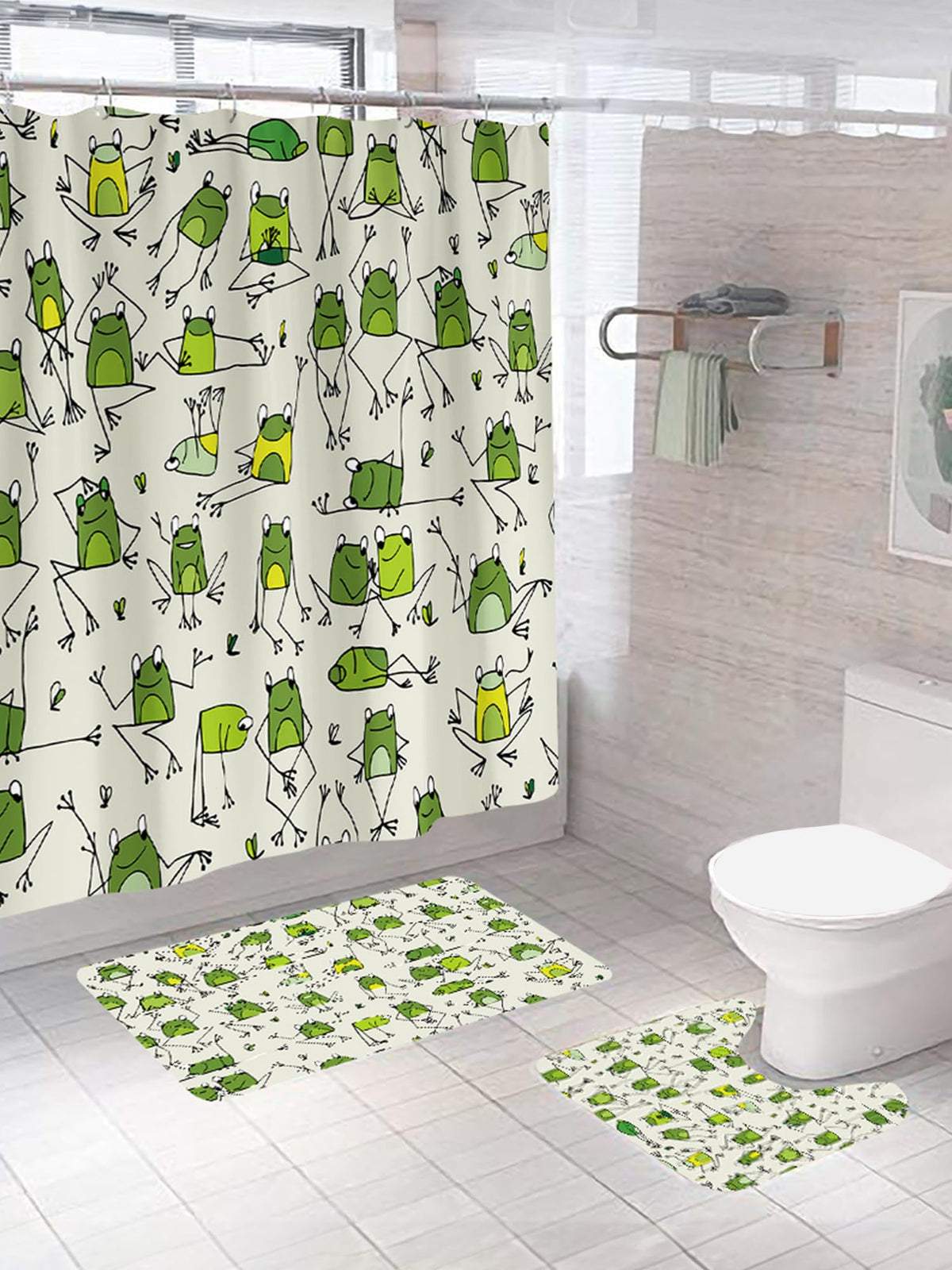 SAVYA HOME Shower Curtain (1) & Bathroom Mat (2) Set, Shower Curtains for Bathroom I, Waterproof Fabric I Anti Skid Mat for Bathroom Floor I Dancing Frogs, Pack of 3