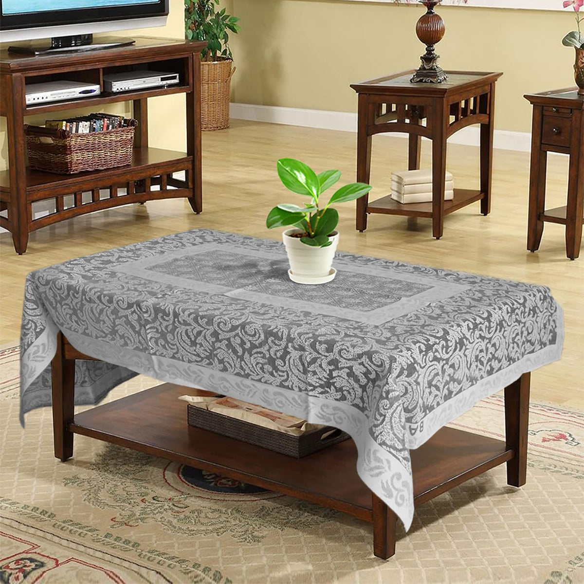 Kuber Industries Floral Printed Cotton 4 Seater Center Table Cover,40"x60" (White & Grey)-44KM071