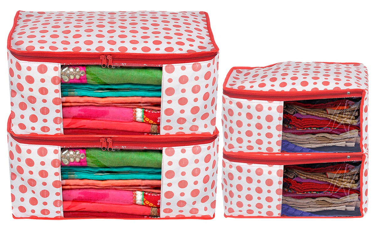 Kuber Industries Dot Printed Non-Woven Blouse & Saree Cover, Cloth Organizer Set, Wardrobe Organiser With Tranasparent Window- Pack of 4 (Pink)-46KM0474