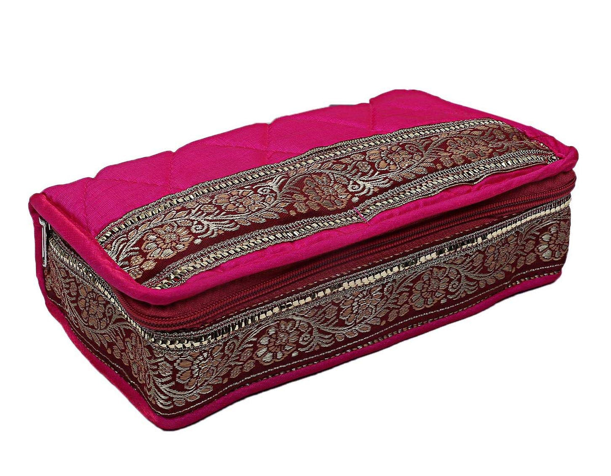 Kuber Industries Brocade Silk Jewellery Pouch Cum Makeup Organiser Kit (Pink)-KUBMART15789