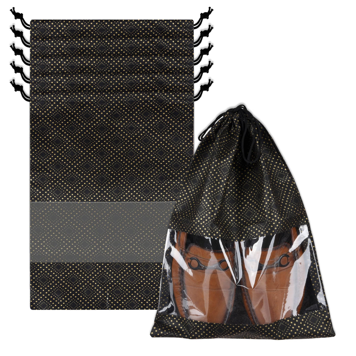 Heart Home Shoe Bags | Shoe Bags for Travel | Drawstring Shoe Storage Bags | Storage Organizers Set | Shoe Cover with Transparent Window | Shoe Pouches | Golden Dot-Print | Pack of 6 | Black