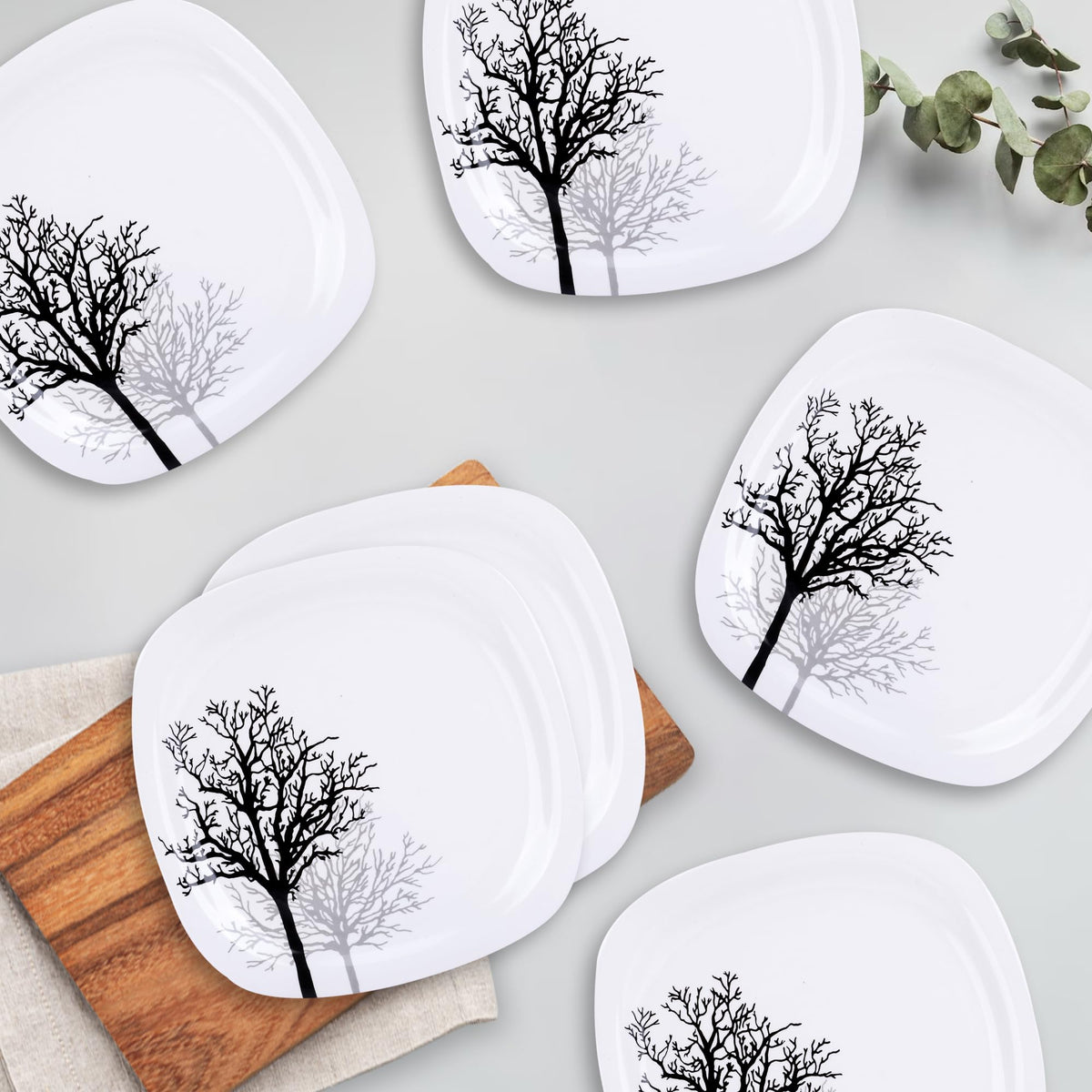 USHA SHRIRAM Melamine 6 Plate Set | Fibre Dinner Set for Family | Melamine Set | Unbreakable | Heat Resistant| Durable| Shatter Resistant | Light Weight| BPA Free (Black Tree)