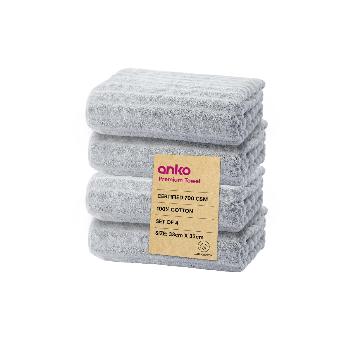 Anko Australia 100% Cotton 700 GSM Ribbed Face Towel | Set of 4 | Super-Soft, Absorbent, Quick-Drying | Grey Towel for Men, Women & Kids | 33x33 cm |Travel, Gym, Spa Towel