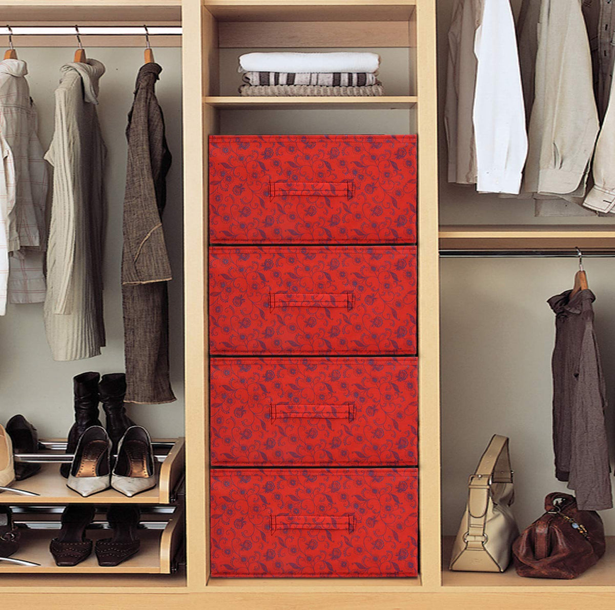 Heart Home Metalic Floral Print Non Woven Fabric 4-Replacement Drawer Storage and Cloth Organizer Unit for Closet (Red)- HEART7451